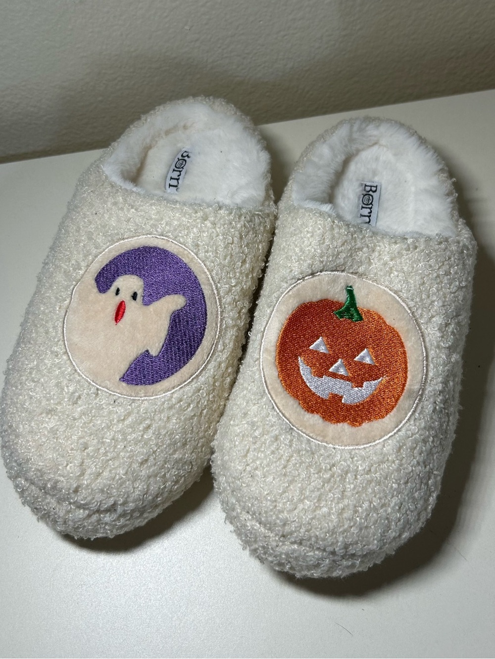 Born Cream Fuzzy Slippers with Ghost & Pumpkin Embroidered Patches